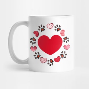 Retro red hearts and doodle paw prints Mug